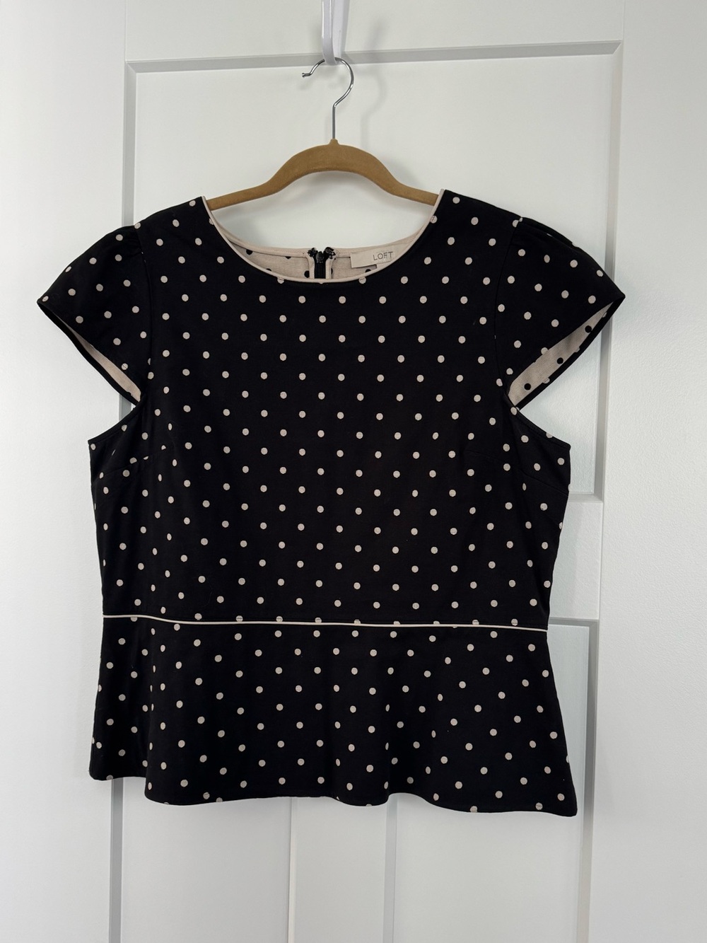 LOFT Black Top with Cream Polka Dots and Peplum